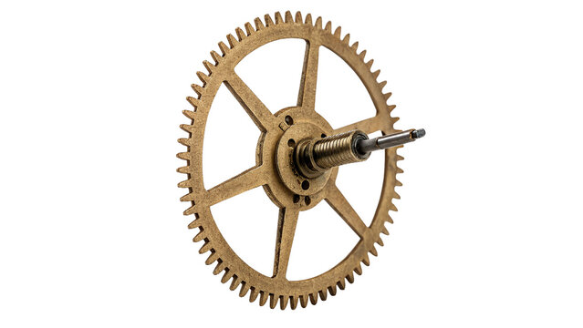 Classic metallic brass watch clock gear wheels isolated on transparent background