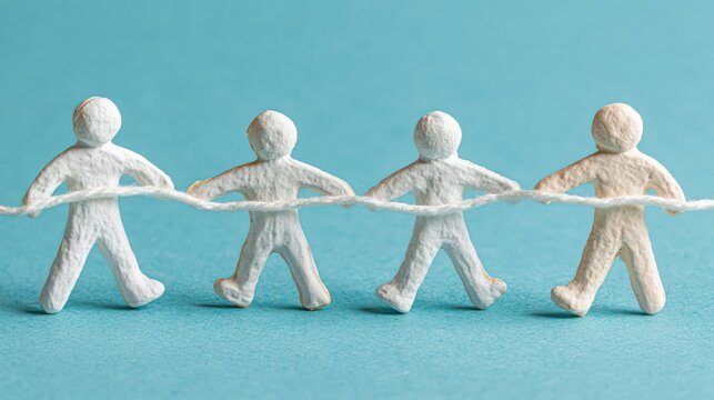 Four white paper cutout figures holding a string in a line against a blue background.