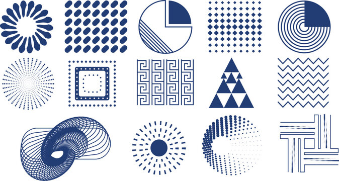 Set of abstract geometric graphic elements, vector shapes, circular patterns, dotted grids, and line art isolated on white background