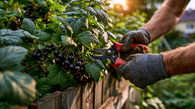 Gardener Pruning Ripe Blackcurrant Berries in Lush Summer Garden. Hands-on, fruitful, and vibrant agricultural photography for gardening blogs, farm catalogs, and tool ads.