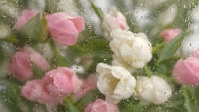 Dreamy Pink and White Flowers Behind Rain Covered Glass