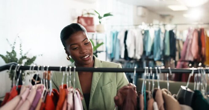 Fashion, decision or woman at clothes rack for shopping, outfit search or sale on seasonal trends. Happy, black person or browsing rail for boutique promotion, wardrobe update or choice for purchase