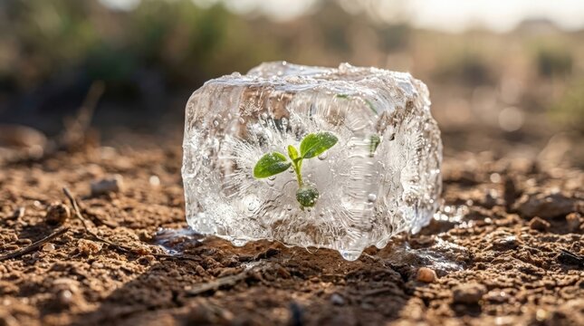 A tiny green seedling trapped inside a melting ice cube resting on dry earth embodies the themes of frozen soil crack climate change in a striking environmental metaphor