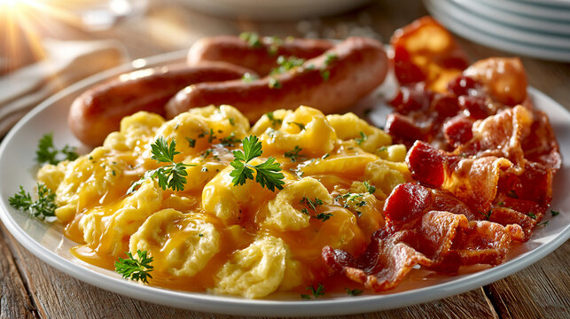 Savory Breakfast Plate with Scrambled Eggs and Bacon. Hearty, sizzling, and vibrant culinary visuals for diner menus, brunch promotions, and hotel buffet flyers.