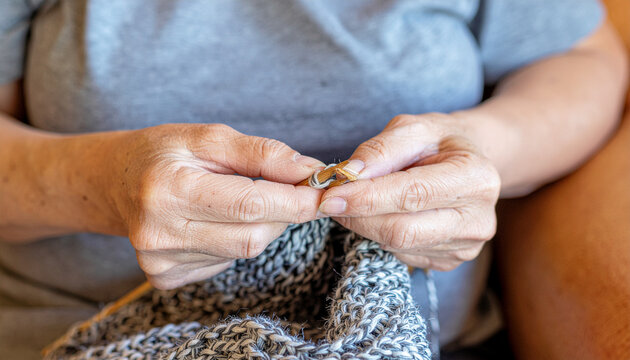 Grandmother hands knitting wool scarf needles close up
