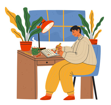 Mood tracking journaling analog hobbies creative hobby slow living person writing in diary at cozy desk with plants lamp hot drink home interior