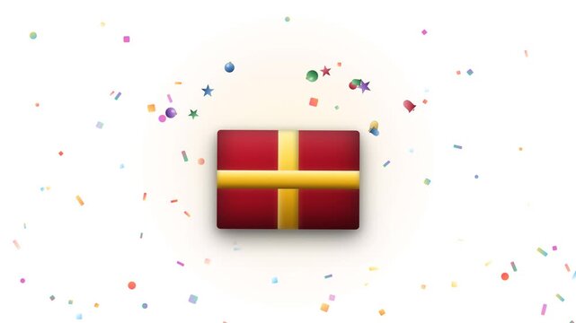 Merry Christmas gift box opening animation with festive confetti, ornaments and sparkle burst for holiday motion graphics.