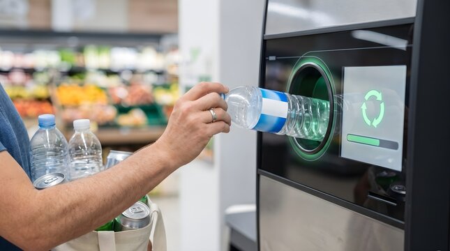 A person recycling plastic bottles at an automated bottle exchange machine