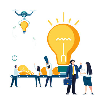 Conveyor of new business ideas. Ideas are important for your business, entrepreneurship. Drone delivery of a new idea, people workers, girls and boys, creative group analysis, vector illustration