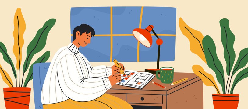 Mood tracking journaling analog hobbies cozy workspace person writing planner desk plants lamp warm colors home interior