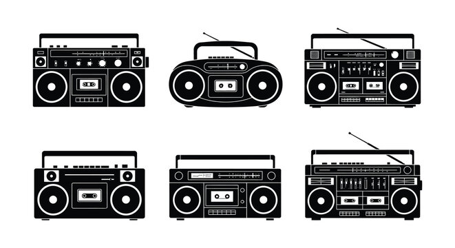 Collection of vintage boomboxes depicted as black vector silhouettes
