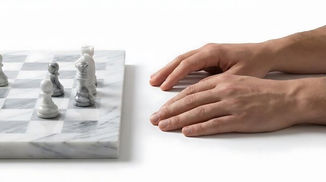Hands resting near marble chessboard with pieces.