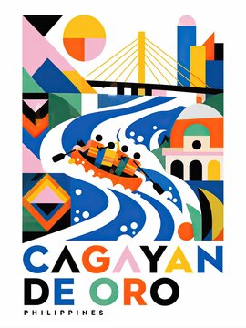 Colorful geometric travel poster featuring Cagayan de Oro, Philippines, with river rafting, a cable-stayed bridge, mountains, buildings, and bold typography.