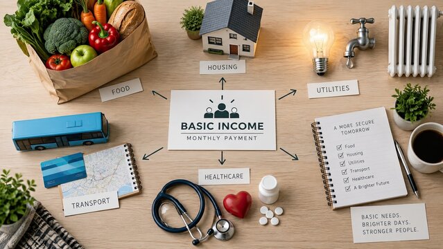 Basic income concept arranged on a wooden table with food, housing, utilities, transportation, healthcare, and basic needs symbols surrounding a central sign.