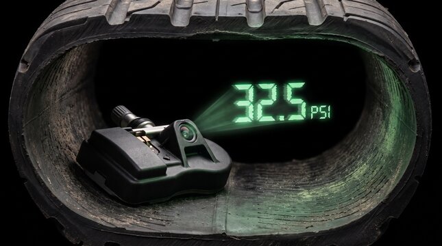 Conceptual cutaway macro of a TPMS sensor projecting a glowing green pressure hologram