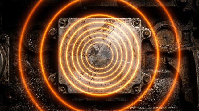 Conceptual macro of a rugged telematics unit on a truck engine emitting glowing orange rings