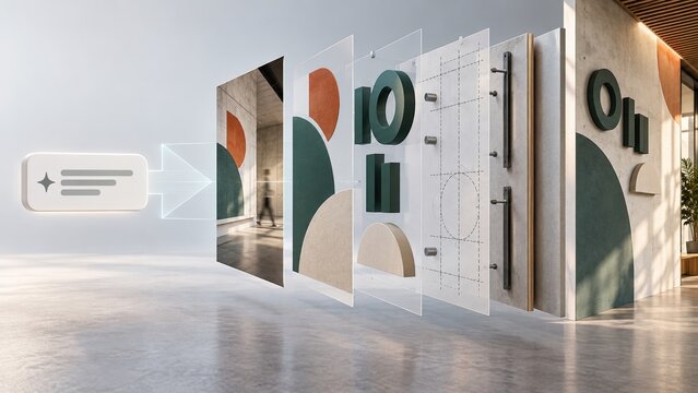 Abstract logo design displayed as editable production layers in a modern studio, illustrating a customizable brand identity presentation.