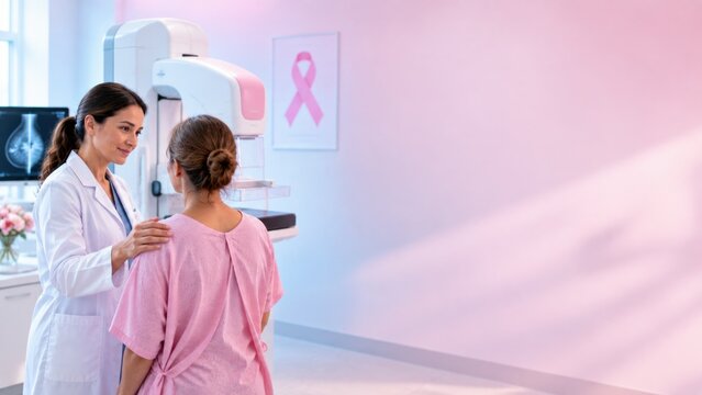 Female doctor comforting a woman in pink gown before a mammogram examination in a clinic.