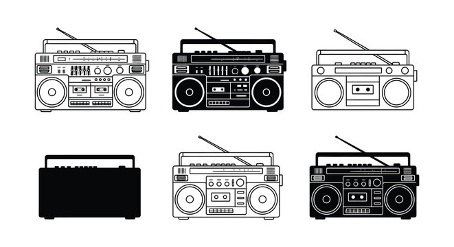 Collection of vintage boomboxes depicted as black vector silhouettes