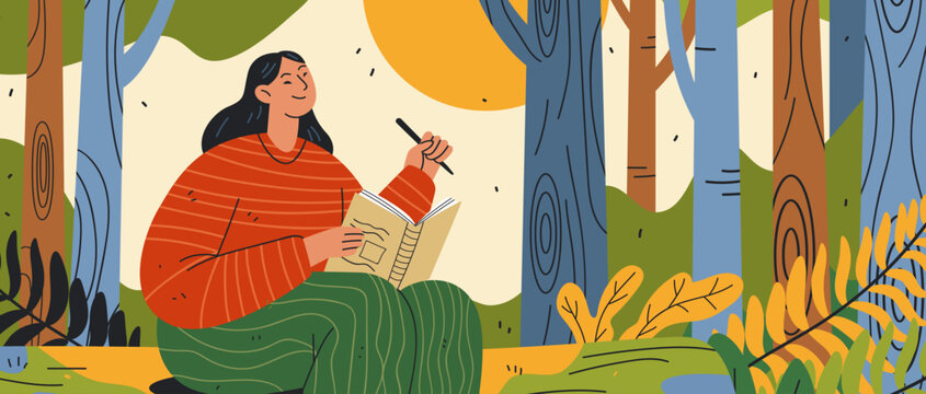 Nature journaling analog hobbies woman sketching outdoors surrounded by trees plants colorful foliage sun peaceful forest scene website banner