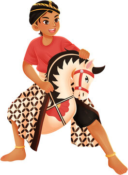 Boy Student Performing Traditional Kuda Lumping Dance Illustration