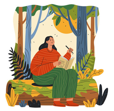 Nature journaling analog hobbies outdoor sketching woman drawing in forest surrounded by trees plants sun slow living creative leisure