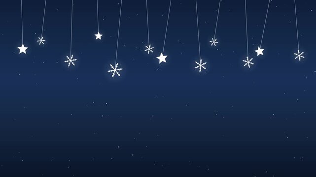 Animated Christmas background with hanging snowflakes and stars dangling from the top on a deep navy gradient