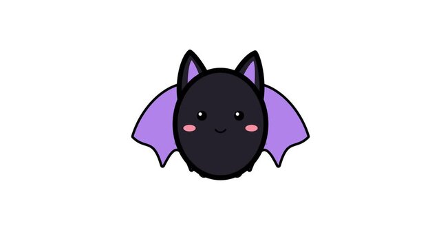 Cute kawaii bat illustration with purple wings and pink cheeks on white background for stickers and halloween design projects