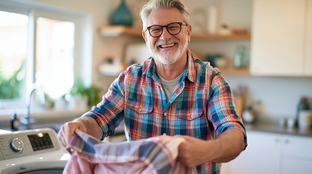 Happy senior man folds laundry next to washing machine in kitchen.