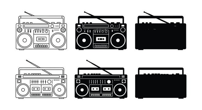 Collection of vintage boomboxes depicted as black vector silhouettes