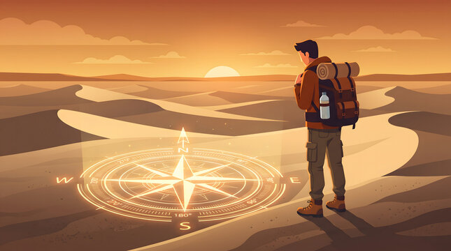A lone traveler with a backpack stands in a vast desert landscape looking at a glowing navigation compass in this vector style