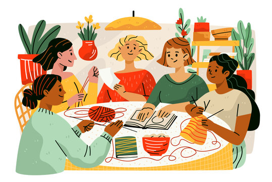 Craft night creative community meetup creative hobby group of women knitting reading sharing handmade crafts cozy home plants warm colors