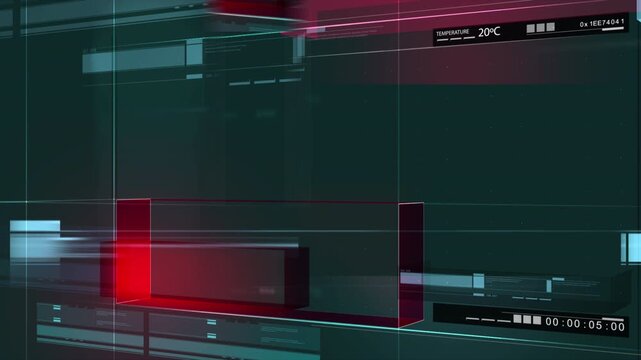 Abstract futuristic digital interface background with glowing red data elements and technical graphics.