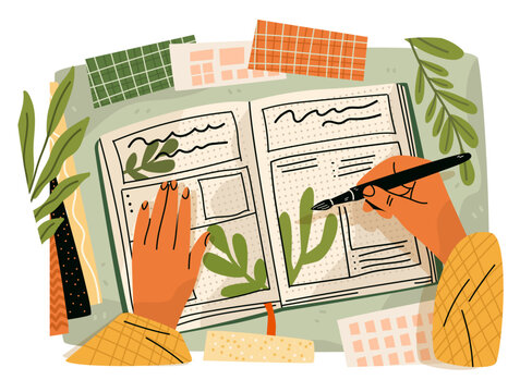Bullet journal weekly spread creative journaling hands drawing leaves open notebook decorative stationery cozy workspace
