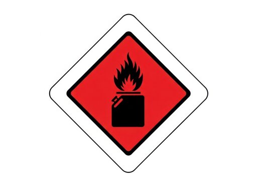 Flammable liquid hazard warning sign with a black fuel canister and flames inside a red diamond shape on a white background isolated