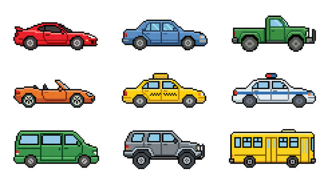 Pixel art cars vector set, retro 8bit game vehicles including sedan, taxi, police car, pickup truck, and bus