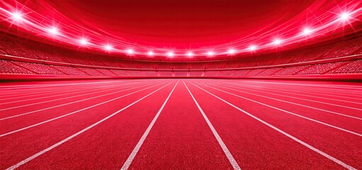 Obraz premium In a brightly lit stadium, a vibrant red running track is highlighted with bold text and contemporary graphics for a sports championship.