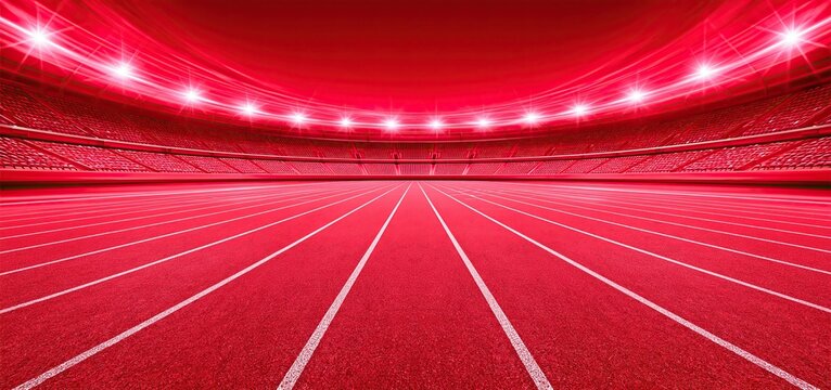 In a brightly lit stadium, a vibrant red running track is highlighted with bold text and contemporary graphics for a sports championship.