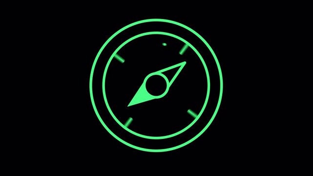 Neon green glowing compass icon rotating in darkness.