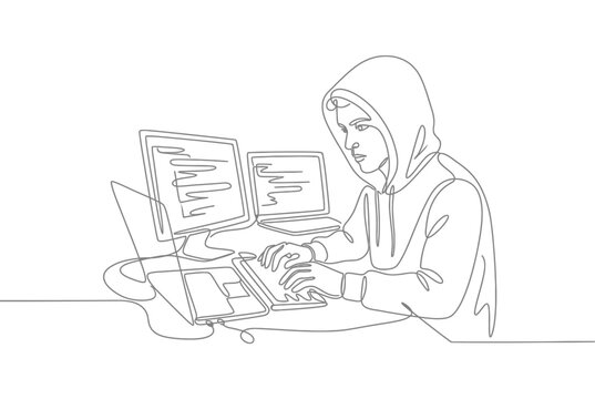 One line drawing of a hacker working on computers.