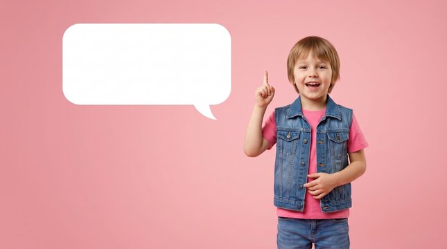 Happy little boy pointing finger up standing next to blank white speech bubble for text on isolated pink background, pointing gesture representing eureka idea or advertising text space