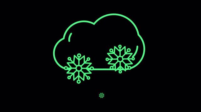 Neon green light animation of a cloud with falling snowflakes on black background.