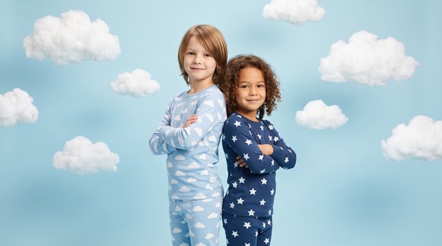 Two diverse happy children wearing comfortable soft blue pajamas standing back to back against a light blue background with artificial fluffy clouds representing dreams, sleep, and bedtime comfort