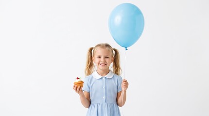 Fototapeta premium Happy little girl with blonde pigtails in a blue dress holding a cupcake with a cherry and a blue balloon on a white background, celebrating childhood and birthday party moments