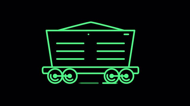 Neon green mining cart animation moving on tracks against black background.