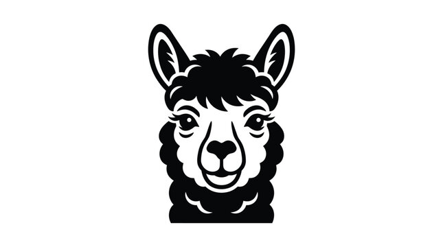 Stylized llama portrait featuring clean black and white vector lines isolated on a plain white background
