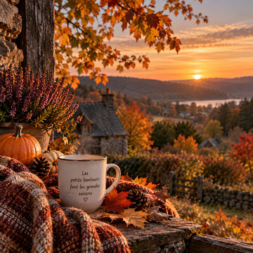 Boisson chaude et ambiance cocooning face &agrave; un paysage d&rsquo;automne au coucher du soleil
