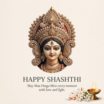 Beautiful maa durga face illustration for happy shashthi greeting with traditional diya lamp and white flowers