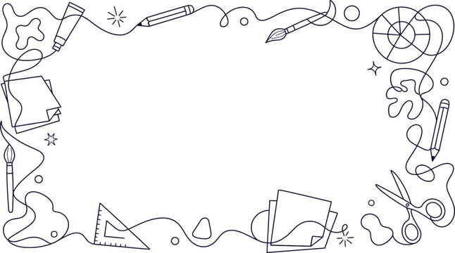 Art and Craft Supplies Line Art Frame with Brushes, Paints, and Scissors