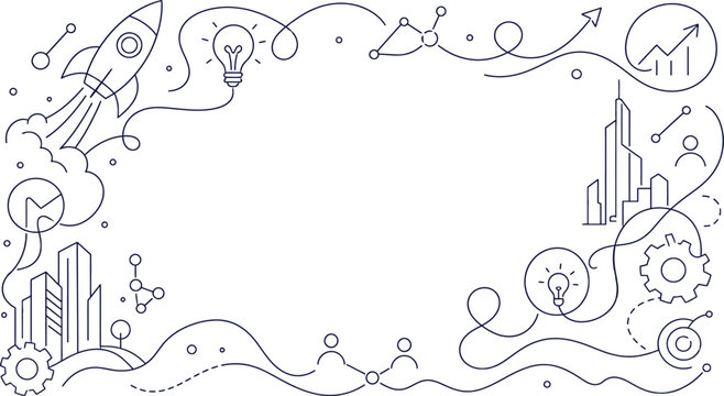 Business Startup and Innovation Line Art Frame with Rocket Launch, Light Bulb, and Gear